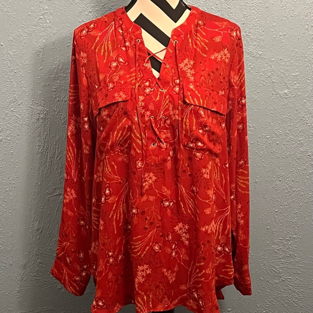 a.n.a Red Floral Long Sleeve Blouse